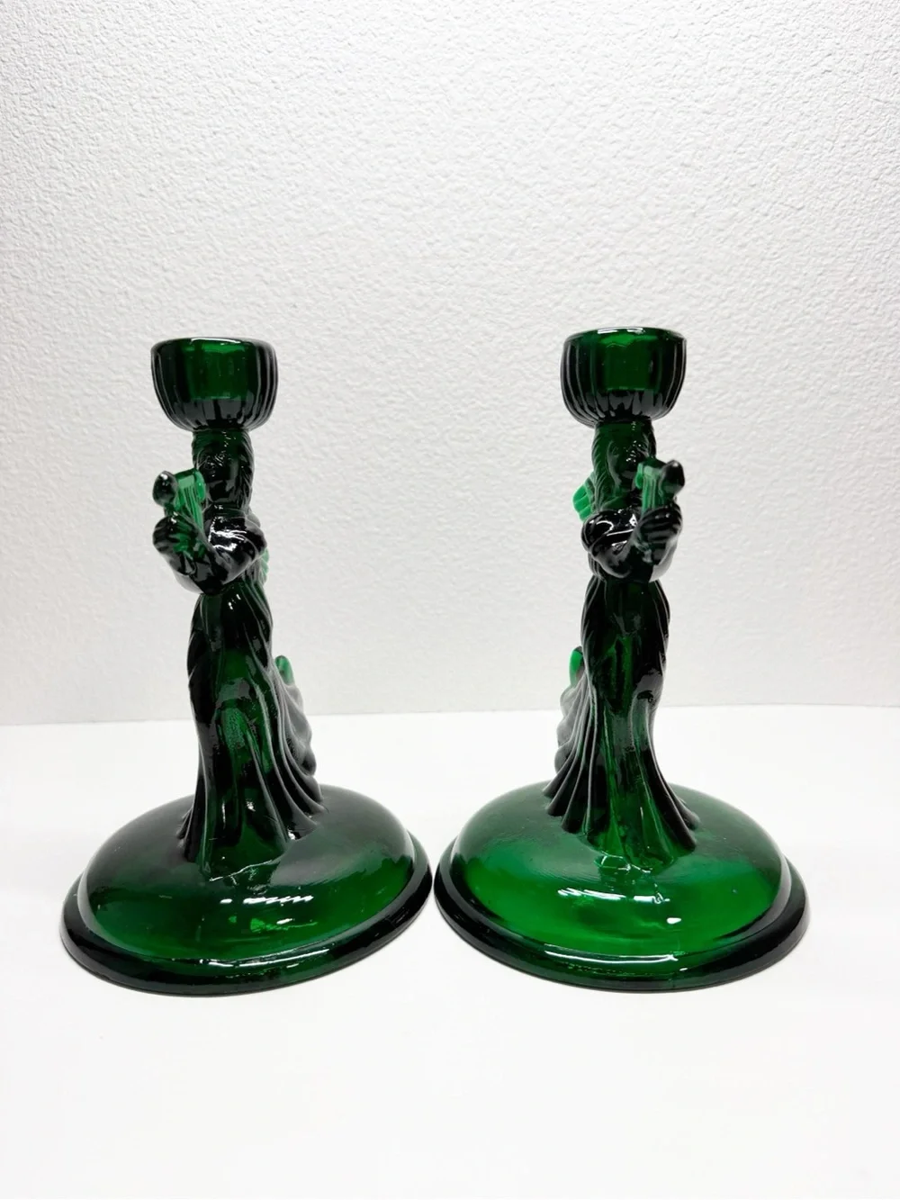 Vintage Emerald Green Glass Angel Taper Candle Holders